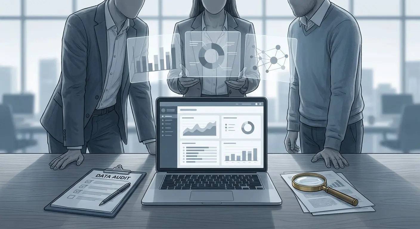 Illustration einer objektiven Plattformanalyse mit Checkliste und Laptop