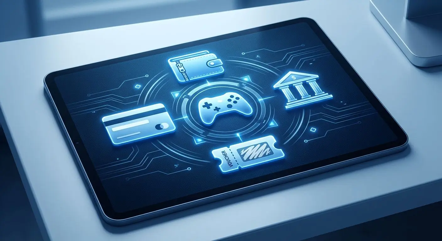 Illustration mit generischen Zahlungsmitteln rund um eine digitale Einzahlungsoberfläche