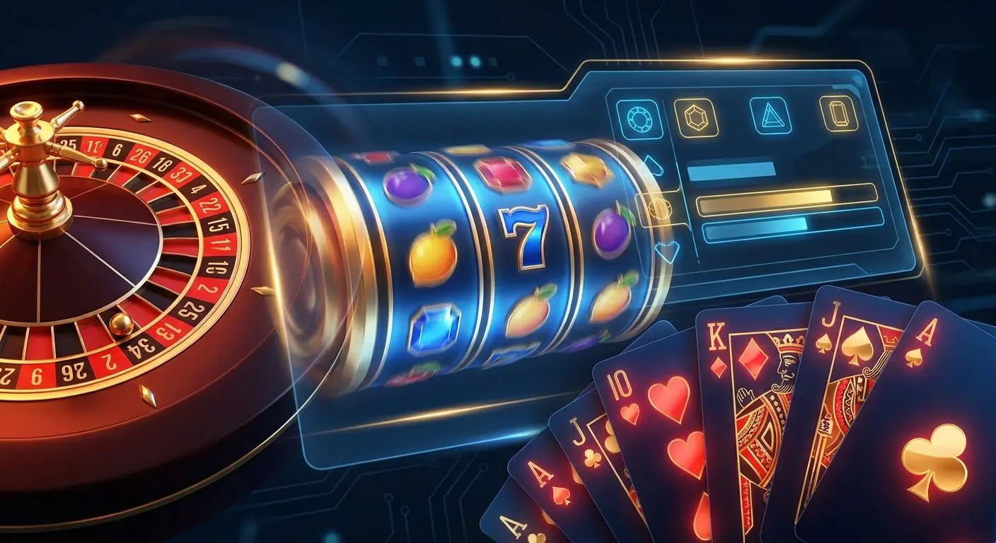 Collage aus Slot, Roulette und Karten mit Fokus auf Auswahl hoher Auszahlungsquoten