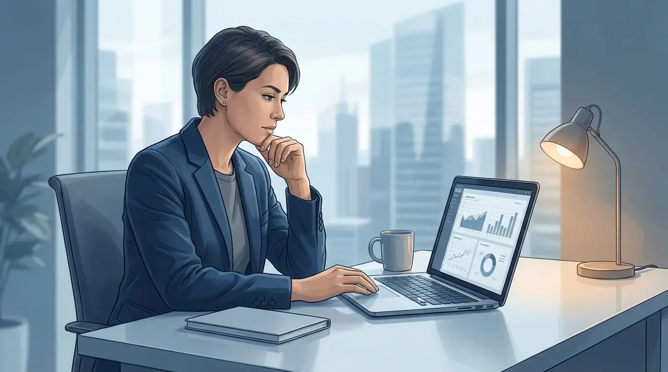 Autor und Experte am Laptop Illustration eines neutralen Experten am Laptop in professioneller Umgebung
