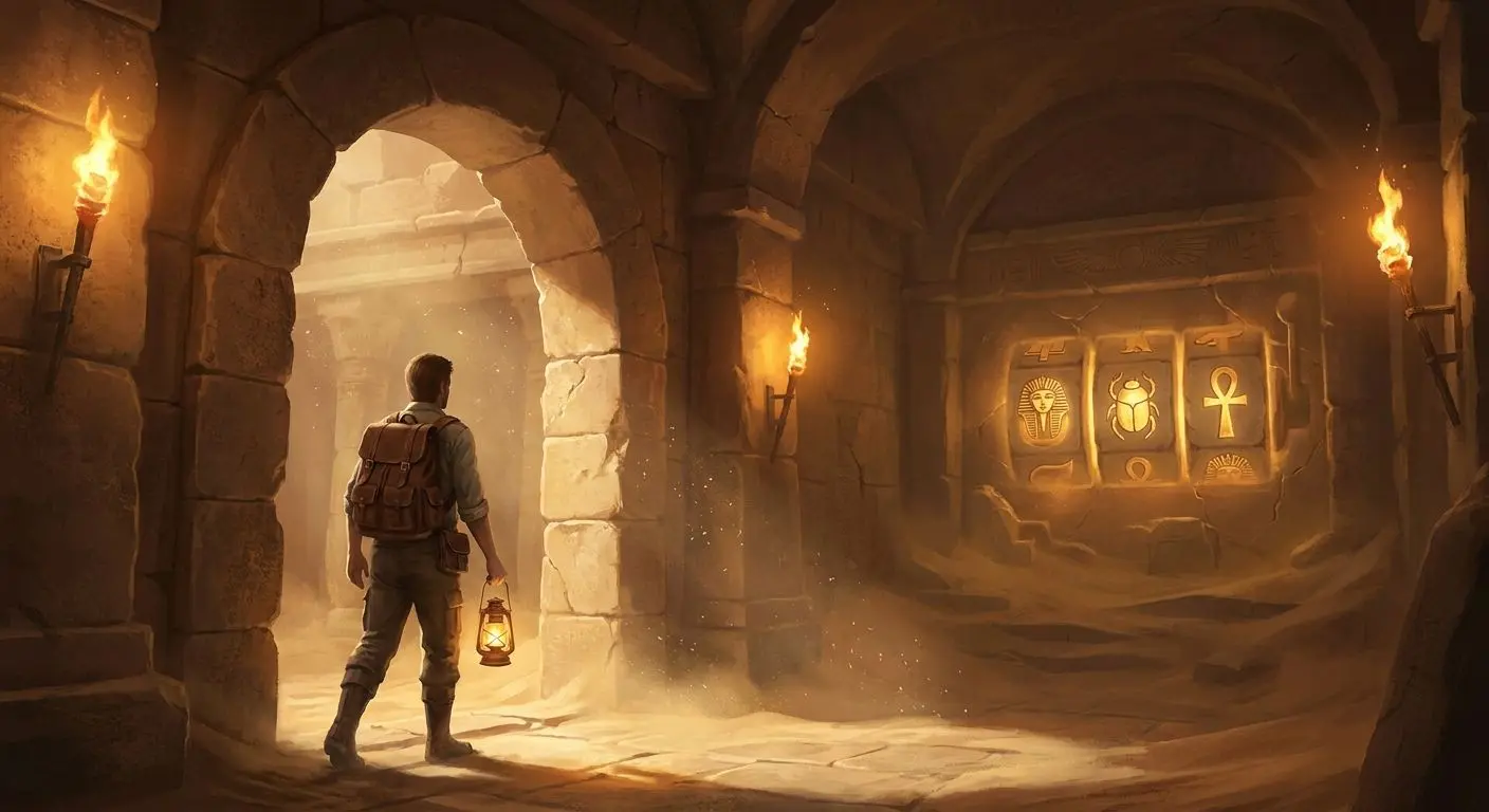 Abenteurer im ägyptischen Tempel mit goldenen Walzen im Hintergrund