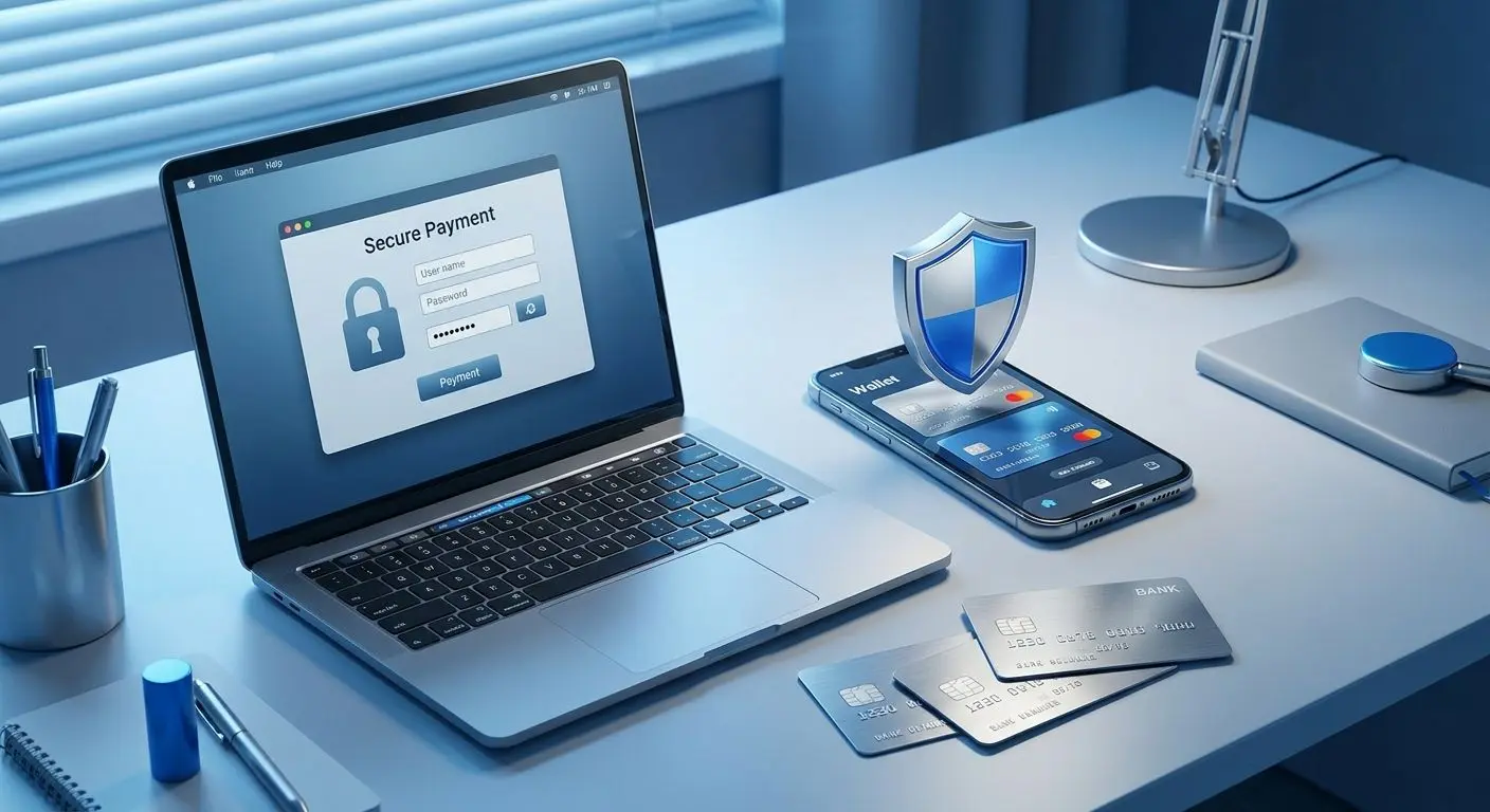 Sicheres Banking und digitale Zahlungen Sichere digitale Zahlungsumgebung mit Laptop, Karten und Wallet