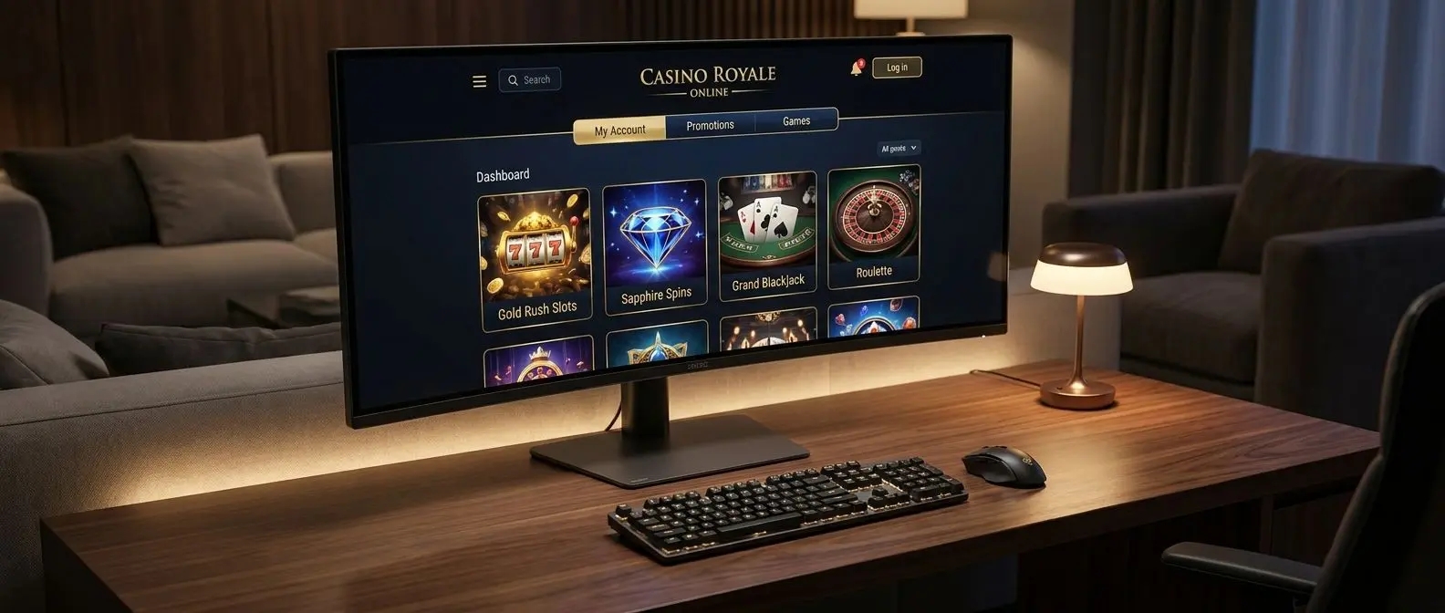 Moderne Lobby-Ansicht mit Spielübersicht Übersichtliche Desktop-Lobby mit Spielkategorien und moderner Navigation
