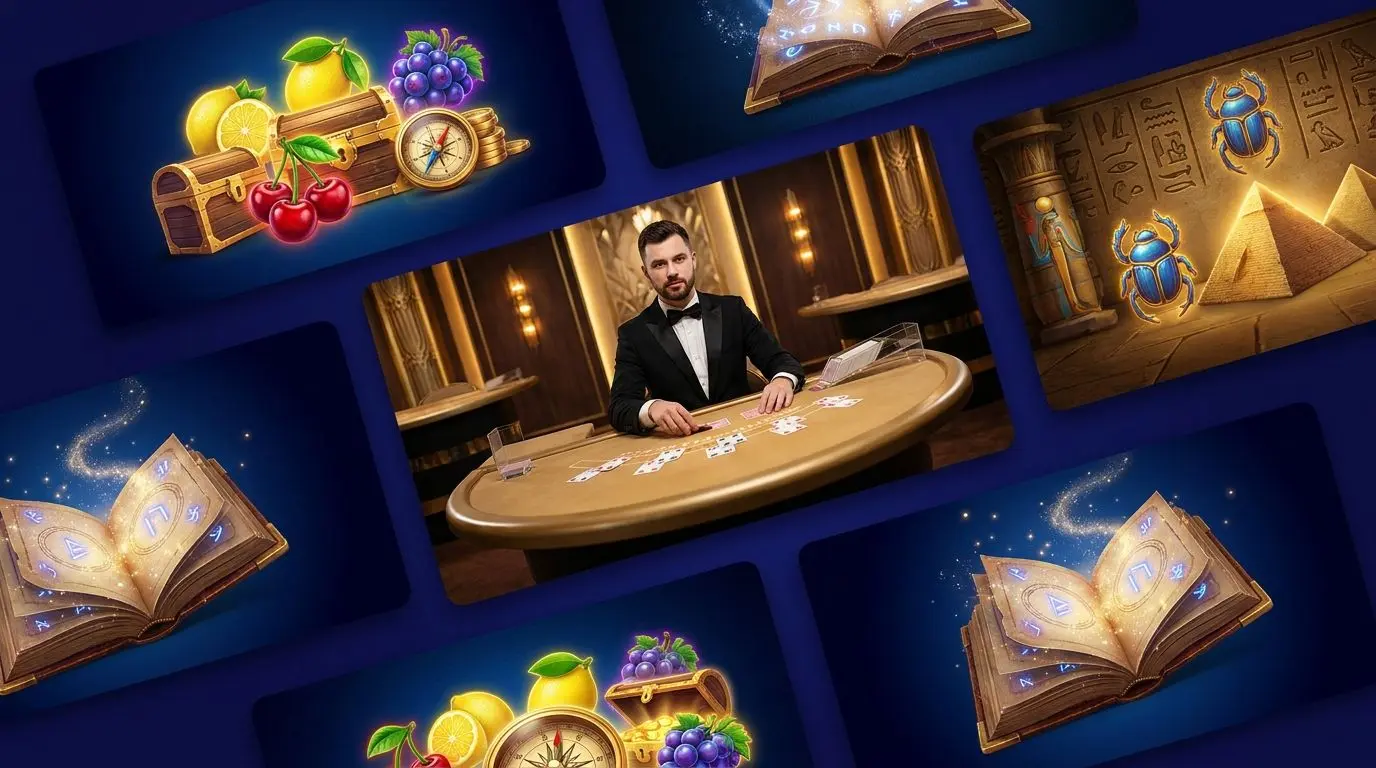 Spielvielfalt mit Slots und Live-Erlebnis Collage aus Slot-Themen und Live-Dealer-Tisch