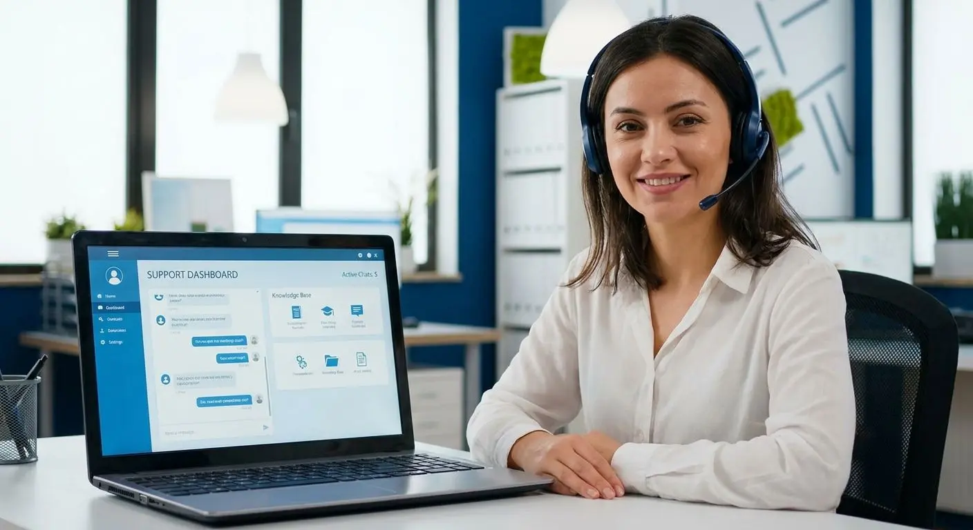 Freundlicher Support-Mitarbeiter mit Laptop und Headset