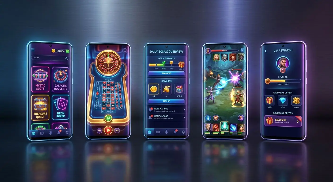 Mehrere Smartphone-Screens mit Spielauswahl und Bonusübersicht