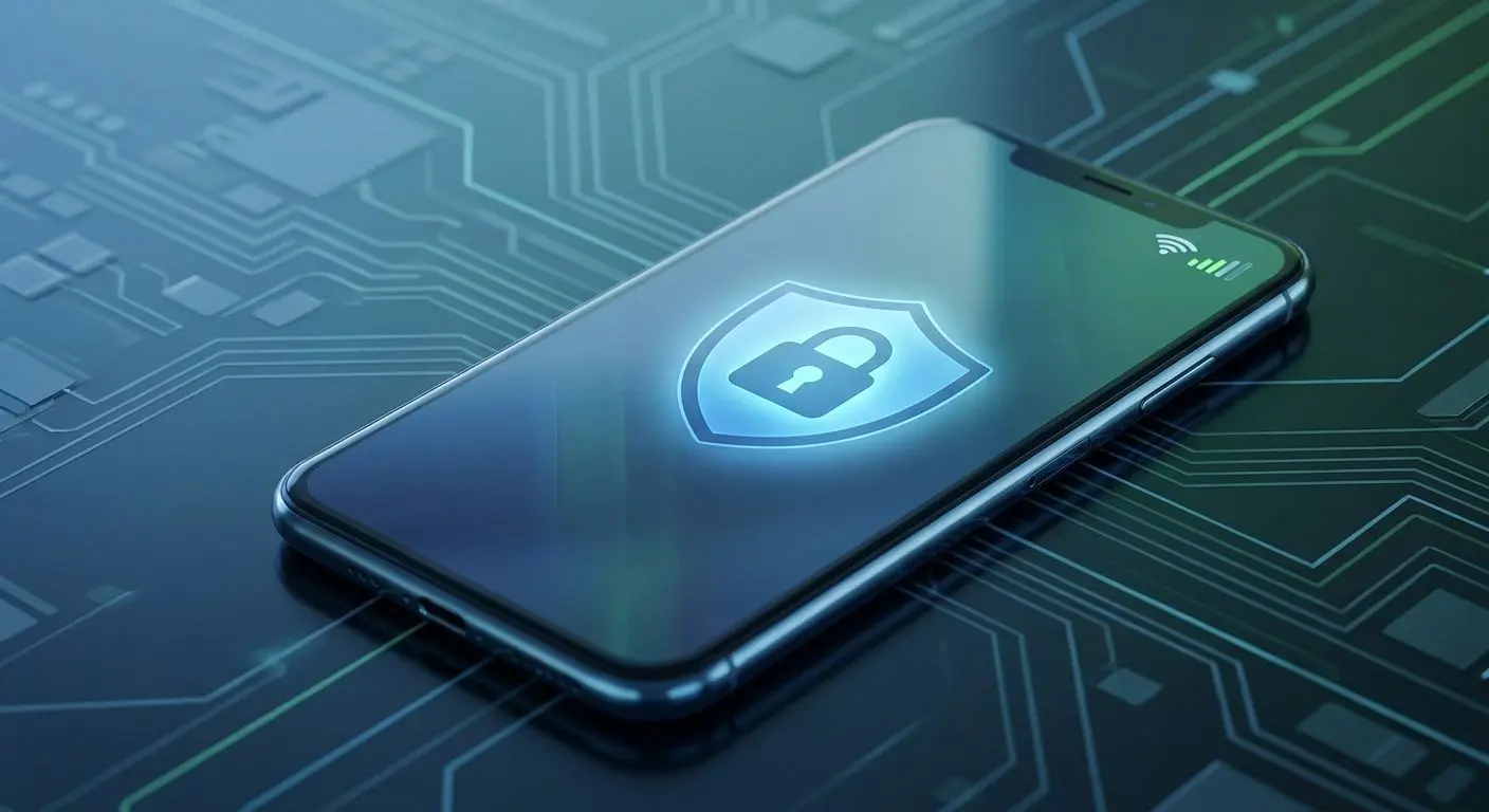 Smartphone mit Schloss-Symbol und Netzwerksymbolen