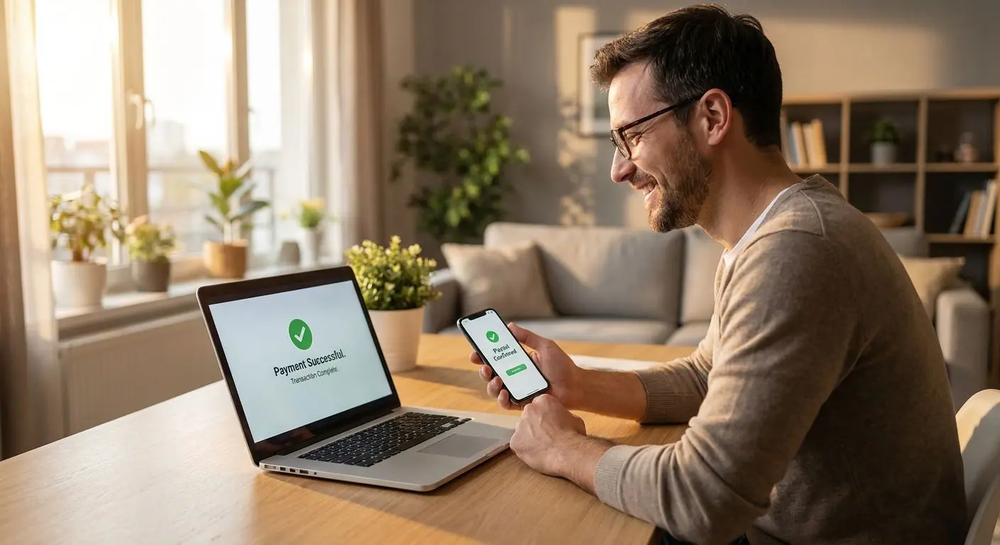 Spieler bestätigt eine schnelle Auszahlung auf Laptop und Smartphone