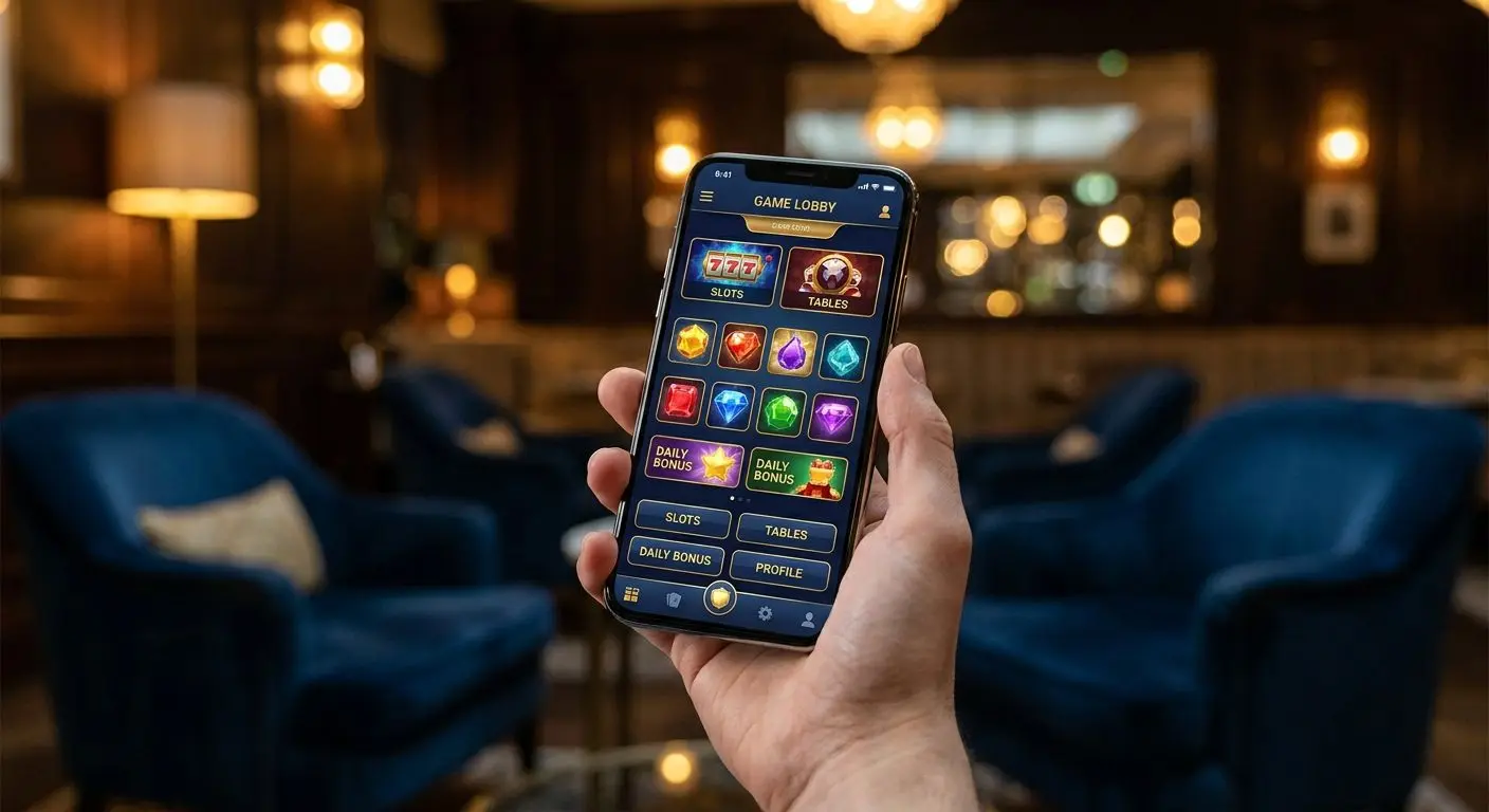 Mobile Spielauswahl auf dem Smartphone Smartphone mit mobiler Spiele-Lobby und Slot-Auswahl