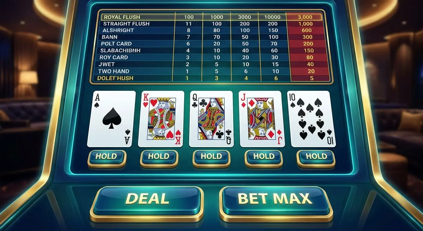 Typischer Video-Poker-Bildschirm mit Karten, Hold-Buttons und Auszahlungs-Tabelle