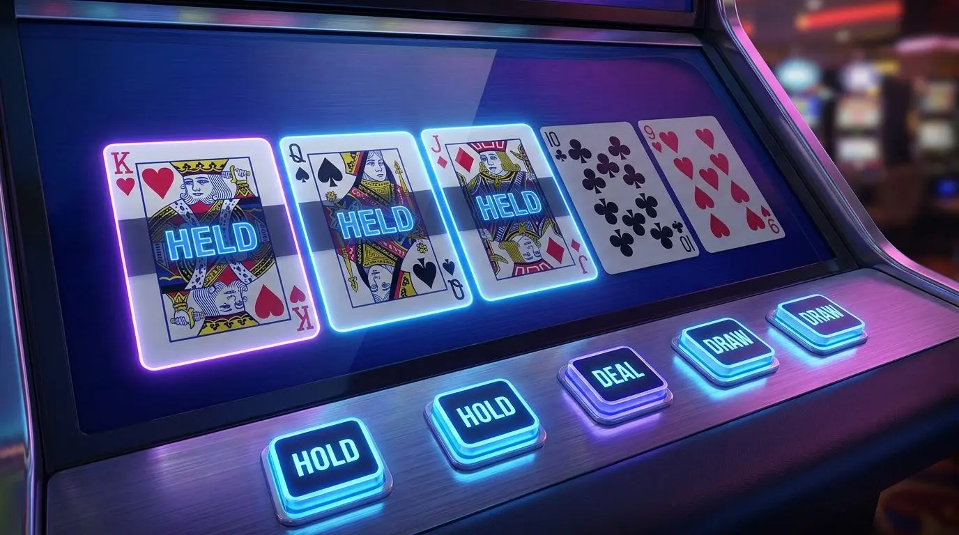 Nahaufnahme einer Video-Poker-Hand mit markierten gehaltenen Karten