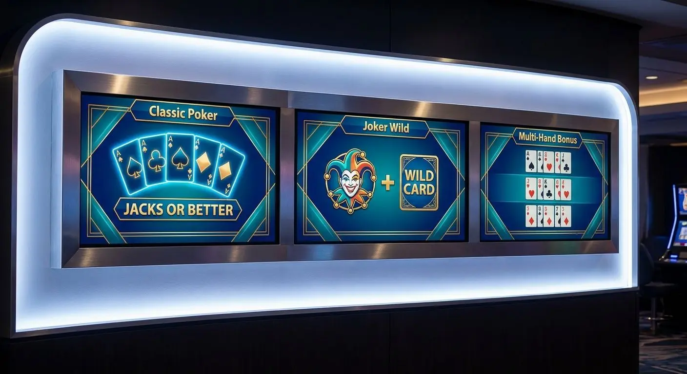 Collage verschiedener Video-Poker-Varianten mit klassischer, Joker- und Multi-Hand-Ansicht