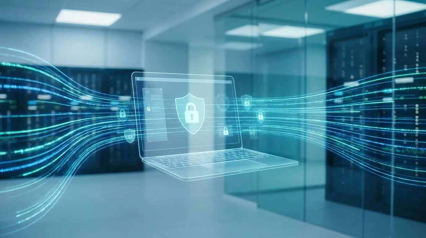 Abstrakte Darstellung von Datensicherheit mit Schloss-Symbol und Laptop