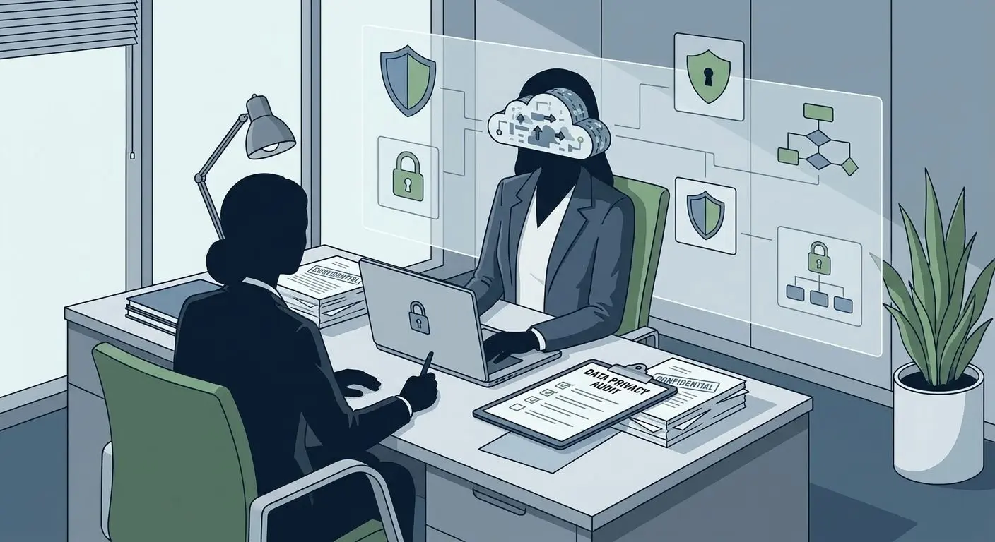 Illustration eines Experten mit Laptop und Datenschutz-Unterlagen