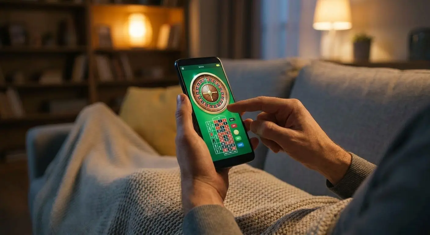 Mobiles Roulette-Spiel auf dem Smartphone in gemütlicher Umgebung