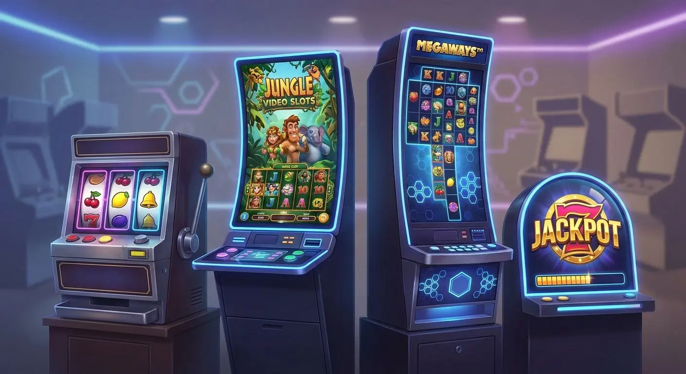 Verschiedene Slot-Typen im Ăberblick Illustration verschiedener Slot-Typen mit FrĂŒchten, Megaways-Layout und Jackpot-Symbol
